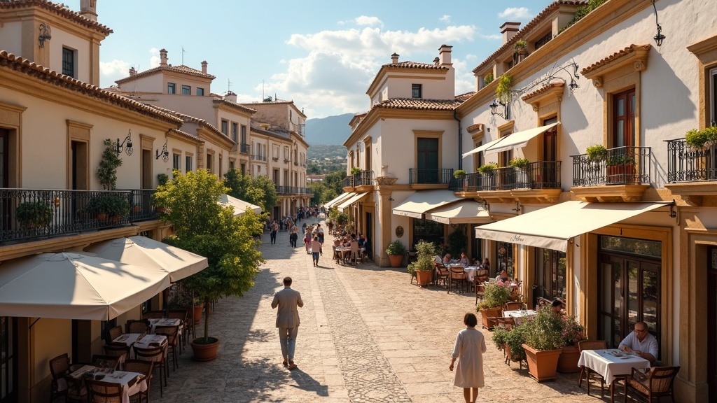 Czyste zdrowe życie na Costa del Sol, łagodna zima. Hiszpania: urocza plaża z restauracjami.