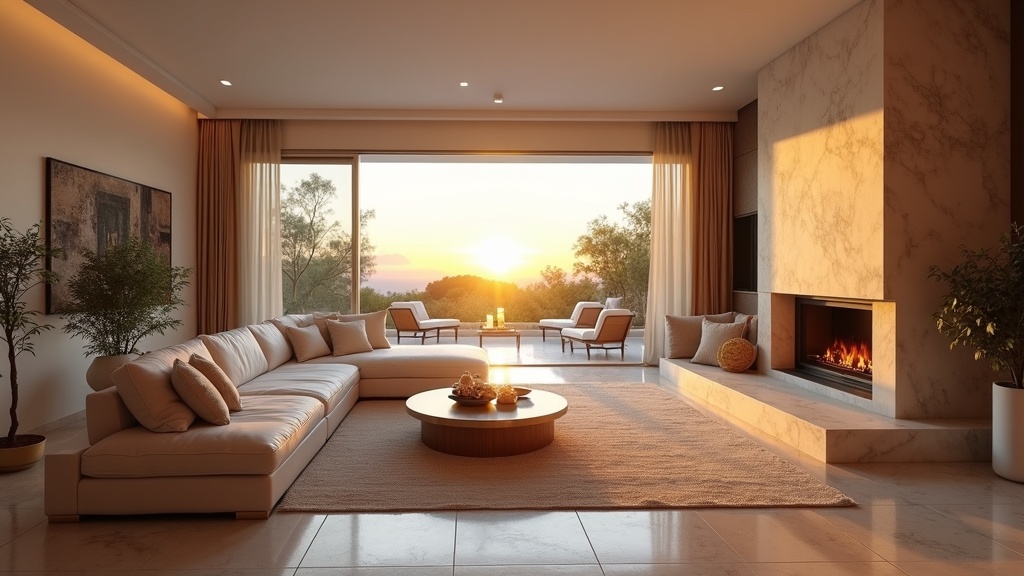 Luksusowy salon nieruchomości Costa del Sol. Słoneczny klimat Hiszpanii oświetla wnętrze z dostępem do tarasu.