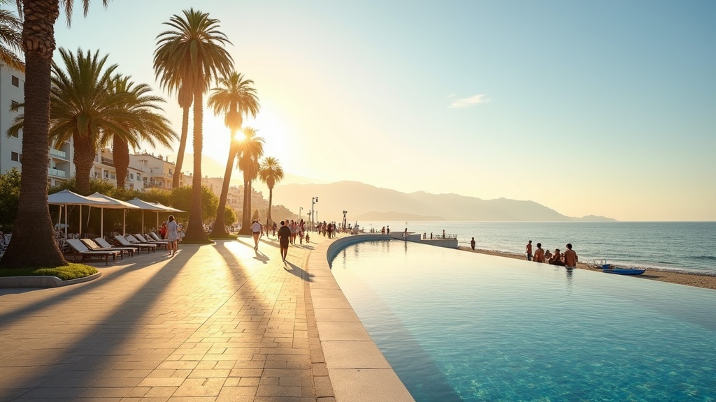 Europese kopers Costa del Sol: Gouden ochtendzon op levendige strandpromenade met palmen en wandelaars.