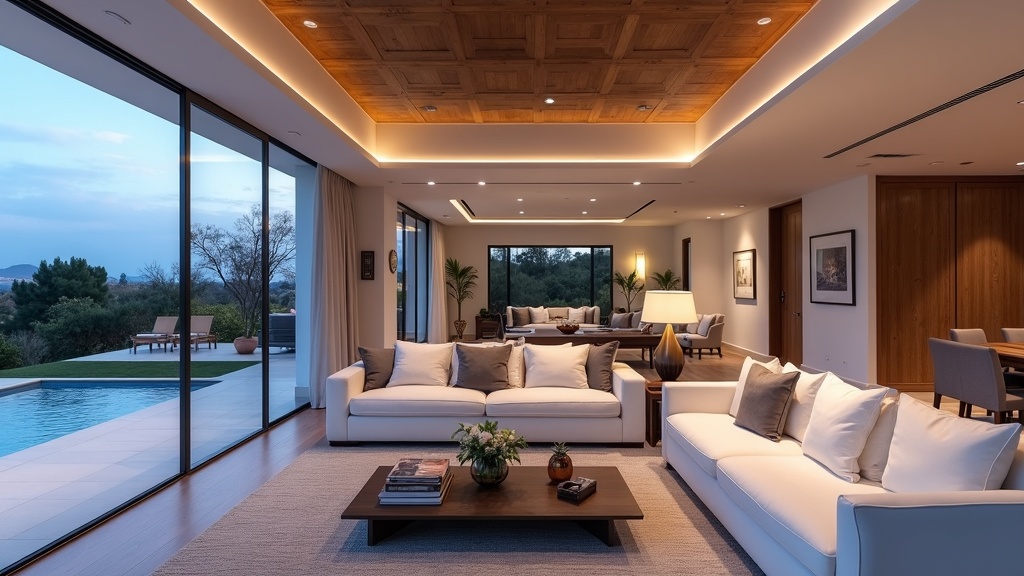 Interieur luxe Spaanse villa, Costa del Sol: levensstijl tweede verblijf pensioenwoning. Avondlicht, moderne inrichting, terras.