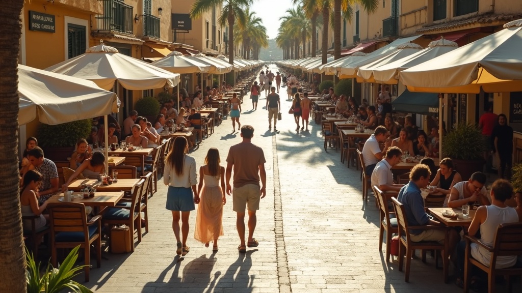 Expat leven in Marbella en Málaga: Internationale expats genieten van lokale cultuur in een levendige markt onder palmbomen.
