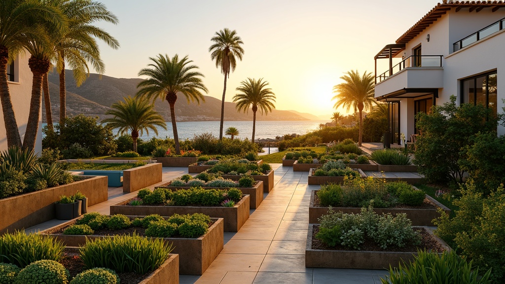 Eco-friendly property Spain: neighbors garden in a sustainable Costa del Sol community with green home technology & stunning sunset glow, showcasing ideal sustainable architecture Spain.