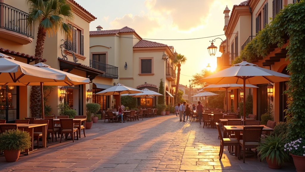 Golden hour glow on a Costa del Sol plaza, highlighting a charming lifestyle where energy-efficient homes and sustainable construction materials offer smart investment opportunities.