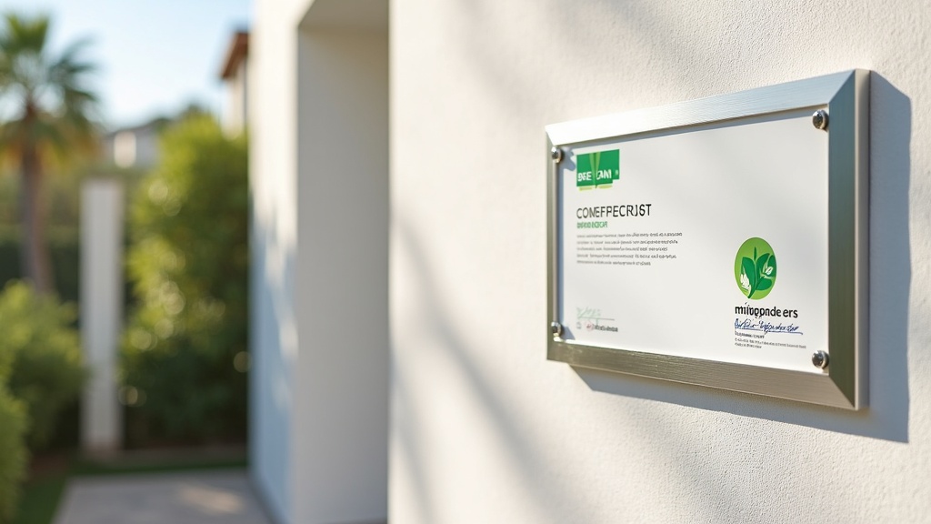 BREEAM plaque on a passive house Spain facade, showcasing solar energy systems & natural ventilation architecture benefits.