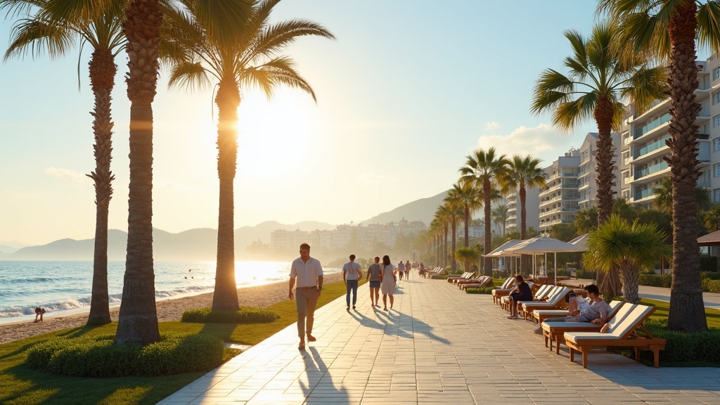 Coastal lifestyle in Costa del Sol: People stroll along a sunlit beach promenade, hinting at the true costs of buying property in Costa del Sol.