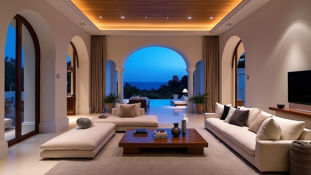 Luxury living room, Spanish property taxes Costa del Sol. Compare high-end finishes & terrace access.