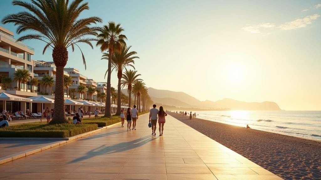 Luxuriöses Costa del Sol Lebensgefühl: Goldene Morgenstimmung am Strandweg mit Palmen & Mittelmeer – perfekt für Ihren Luxus-Spa Costa del Sol Urlaub.