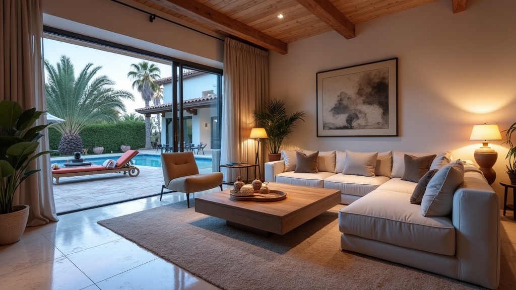 Fünf-Sterne-Hotels Spa Costa del Sol Vergleich: Luxuriöses Wohnzimmer mit spanischem Design, Abendlicht & Balkonzugang.