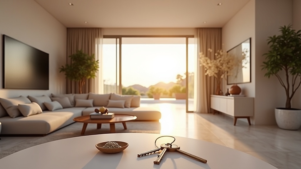 Wellness-Immobilien Costa del Sol kaufen: Bezugsfertiger Luxus mit prominent platzierten Schlüsseln im eleganten Eingangsbereich.