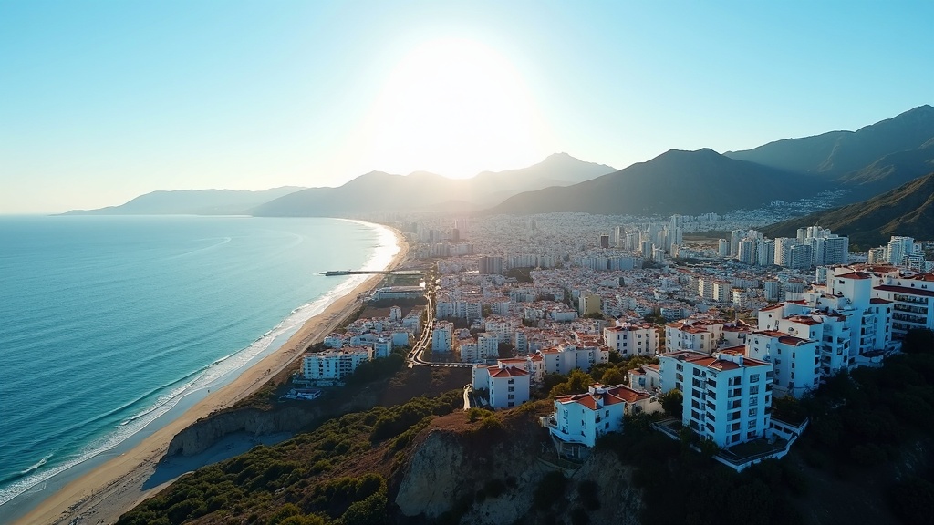 Aerial drone view of Costa del Sol at sunrise, showcasing stunning Mediterranean beaches, mountains, and urban planning – perfect for winter holidays Costa del Sol.