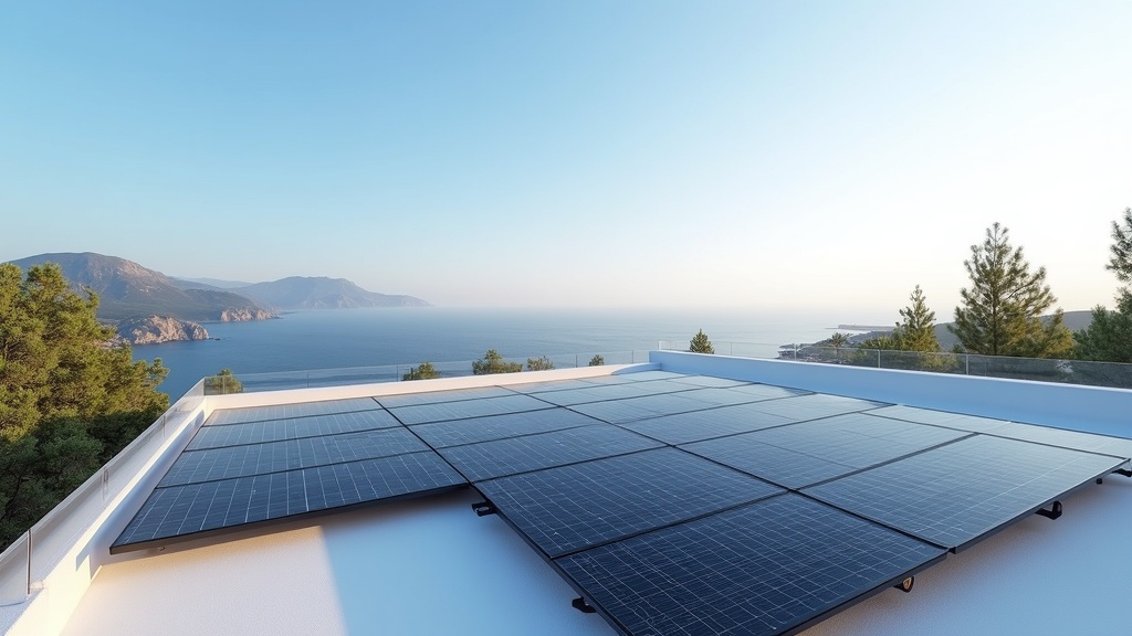Costa del Sol in winter weather: solar panels on a luxury home with Sierra de Mijas mountains, showcasing sustainable living.