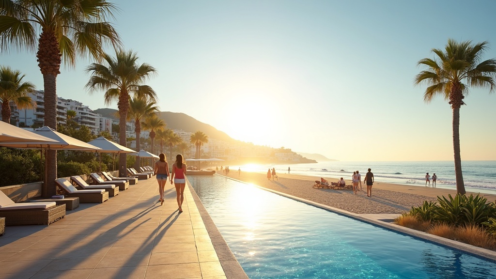Golden light on Costa del Sol beach promenade with palm trees, showcasing the inspiring lifestyle and Mediterranean microclimate.