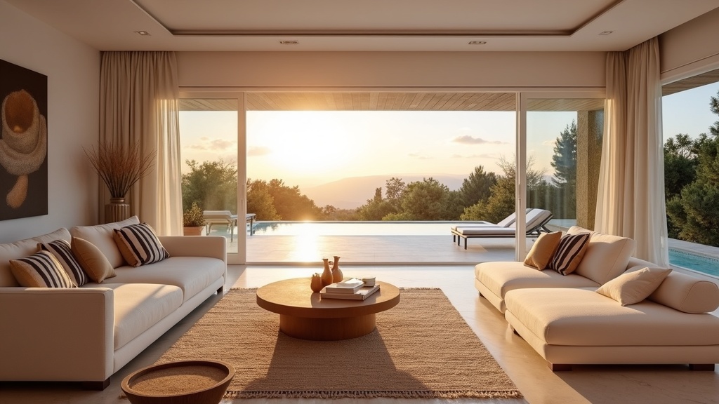 Élégant salon d'une propriété de luxe à Estepona, baigné de soleil au coucher du soleil, un avant-goût du **fuengirola soleil, estepona soleil, sotogrande climat Costa del Sol** pour un hiver doux et lumineux.