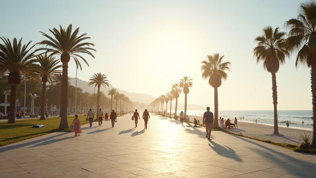 Morgenlyset over sundt kystklima Costa del Sol: Folk nyder strandpromenaden med palmer ved Middelhavet.