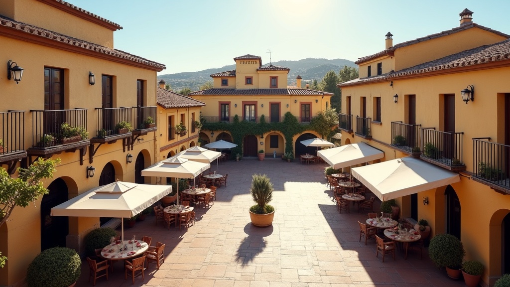 Charming Costa del Sol town square, inspiring bedre vejrtrækning & bedre vejrtrækning Costa del Sol luftkvalitet in soft afternoon light.