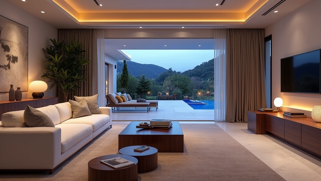 Luksuslejligheder villaer nybyggeri Costa del Sol sammenligning: Stue i spansk villa med moderne møbler & udgang til terrasse.