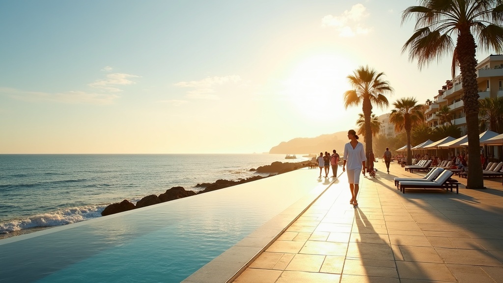 Élvezze a természetes tájak Costa del Sol szépségét: napfényes tengerparti sétány pálmákkal, tengerrel, reggeli fénnyel.