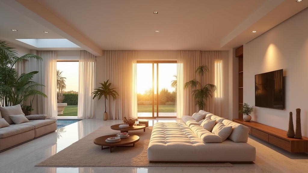 Spacious Andalusian luxury living room with sunset glow, high-end finishes. Ideal for természeti területek befektetés Costa del Sol.
