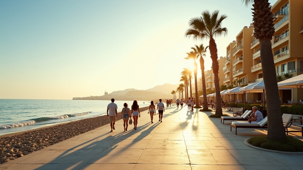 Njut av Medelhavsklimatet på Costa del Sol: morgonpromenad längs kusten med palmträd och havet.