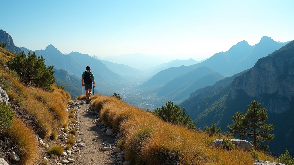 Mountain view Costa del Sol: Sierra Blanca trails bathed in bright sun. 320 soldagar Costa del Sol for an active, vibrant life.