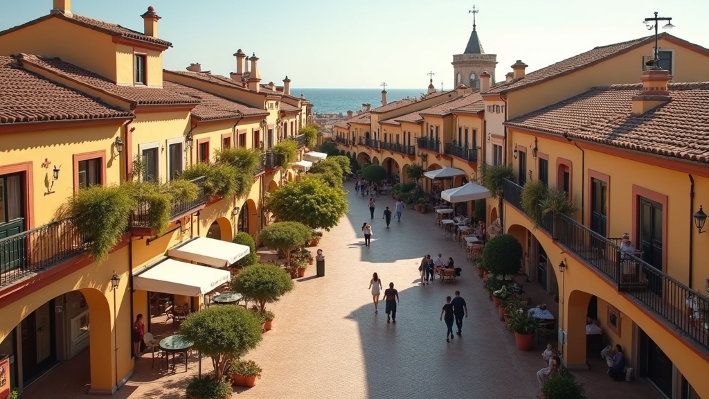 Charming Spanish plaza on Costa del Sol. Enjoy milda vintrar Costa del Sol, outdoor dining & lifestyle.