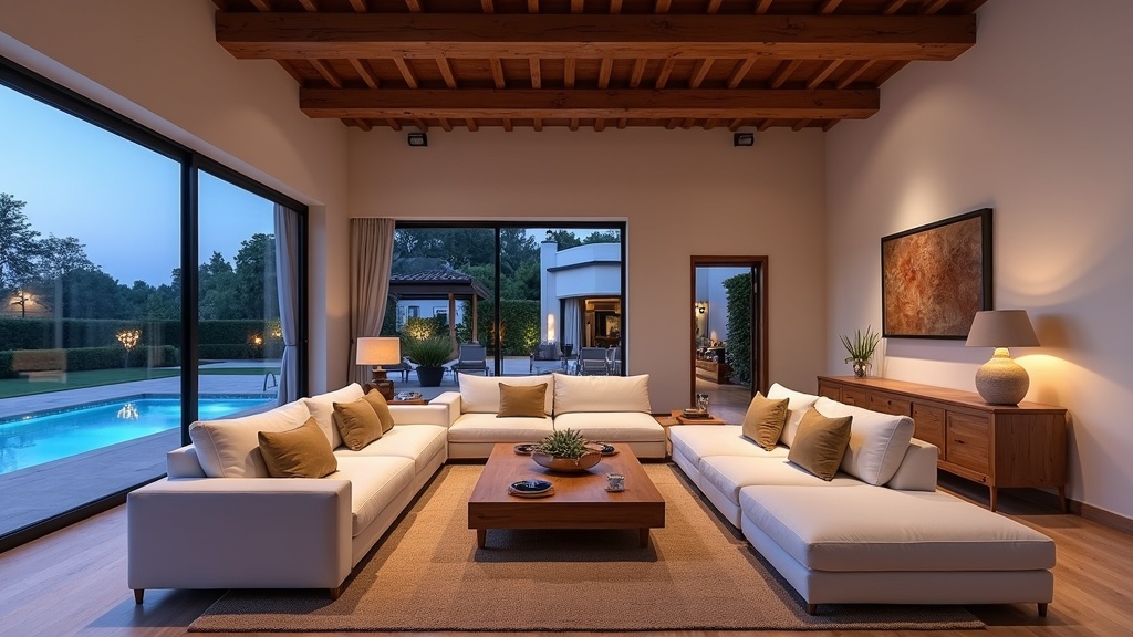 Lyxig livsstil Costa del Sol jämförelse: rymligt vardagsrum, kolonial spansk design, kvällsljus, terrass.