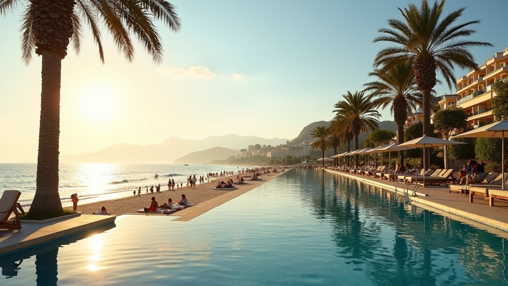 Mensen genieten van de strandpromenade met palmbomen en de mediterrane zee in de ochtendzon – mediterraan klimaat gezonde levensstijl Spanje.