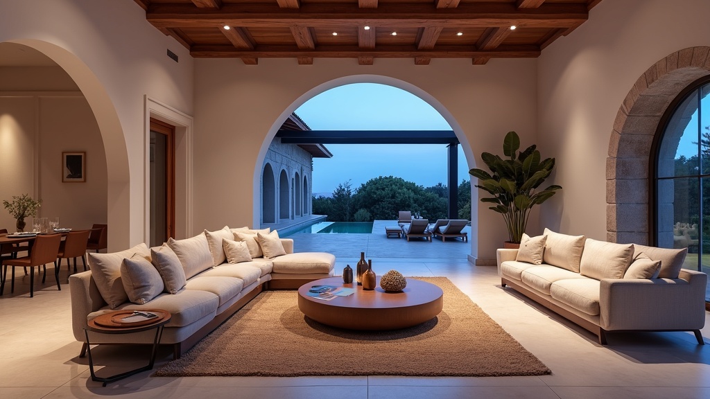 Luxe woonkamer in Costa del Sol: ruim, moderne inrichting, blauw uur, ideaal voor vitamine D zonlicht en ontspannen levensstijl Spanje.