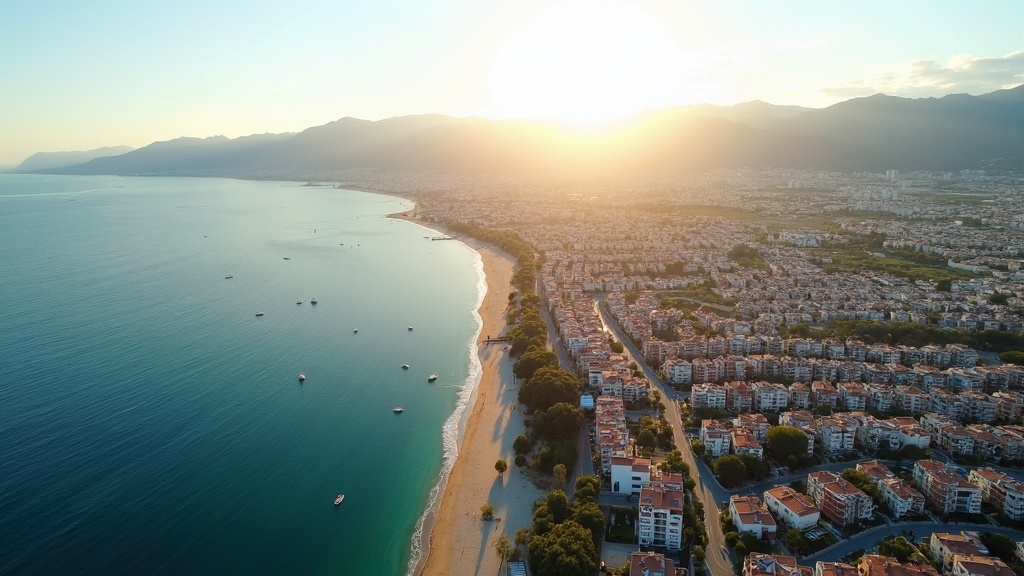 Ultra-realistic aerial view of Costa del Sol. Golden morning light illuminates its beaches and mountains, highlighting its appeal for nye boligprosjekter, europeiske boligkjøpere seeking en livsstilsinvestering.
