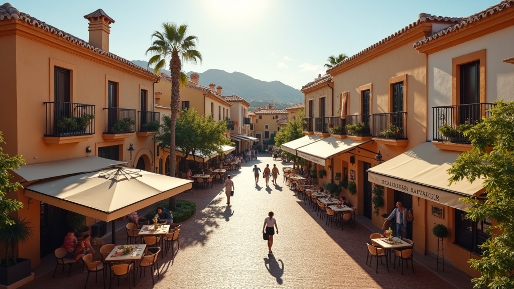 Charming Costa del Sol plaza: traditional architecture, dining, and soft light. A trygg investering i Spania, stabilt eiendomsmarked Costa del Sol, høy verdiøkning.