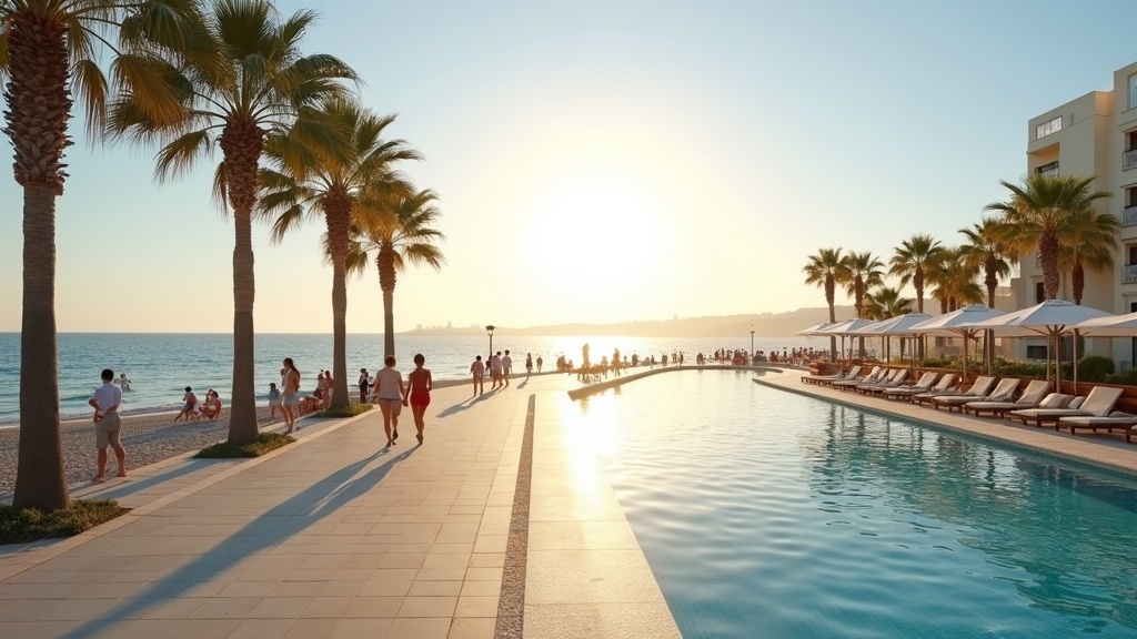 Frisk havsluft på Costa del Sol: Människor promenerar längs en palmkantad strandpromenad vid Medelhavet i morgonsolen; inspirerar välbefinnande.