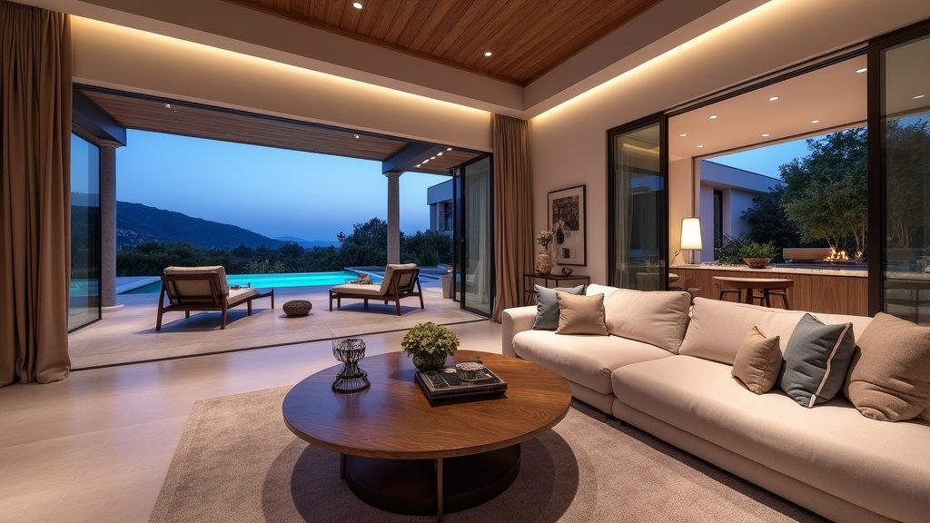 Lyxig stressreducerande miljö Costa del Sol mental hälsa – elegant vardagsrum med terrass och spansk design.