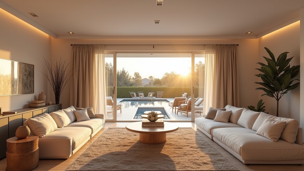 Andalusisk lyxbostad på Costa del Sol: Vardagsrum med solnedgång, modern inredning. Förbättrad sömnkvalitet, stärkt immunförsvar.