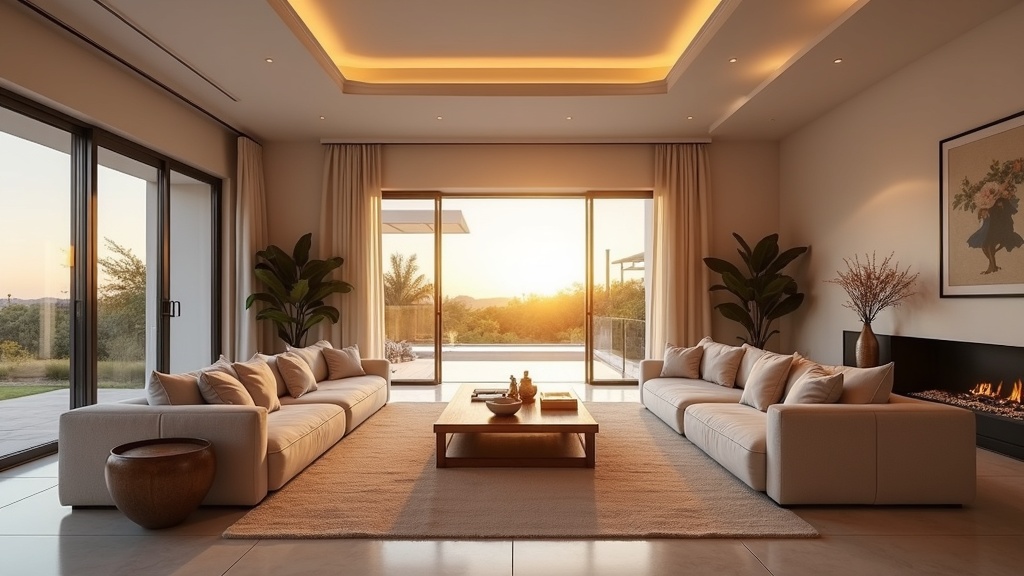 Luksusowy salon na Costa del Sol z widokiem, podkreślający integrację z sucholubnymi gatunkami roślin i ekosystemem regionu.