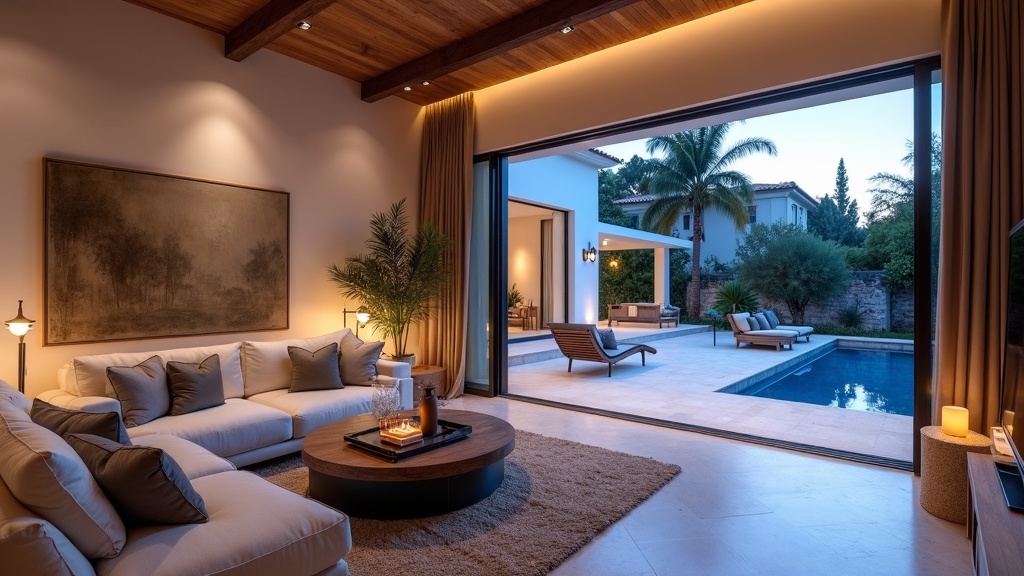 Välimerellinen ruokavalio Costa del Sol terveellinen ruoka: ylellinen olohuone, jossa espanjalainen muotoilu ja terassinäkymä.