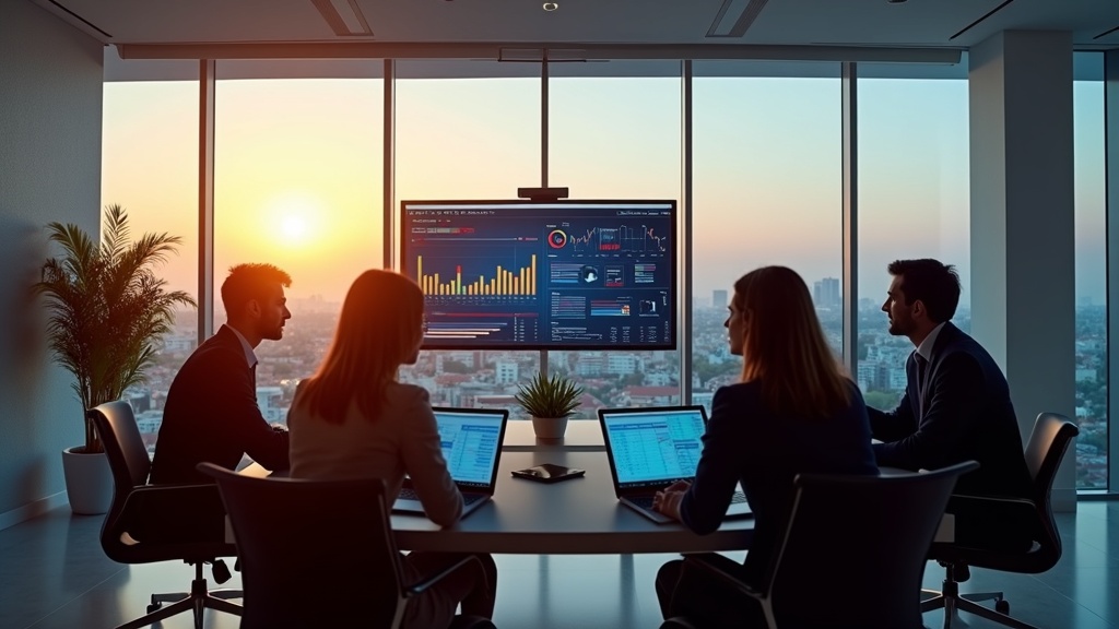 Costa del Sol agency pros analyzing data, questioning traditional IMO limitations 2025 in a sunlit modern office.