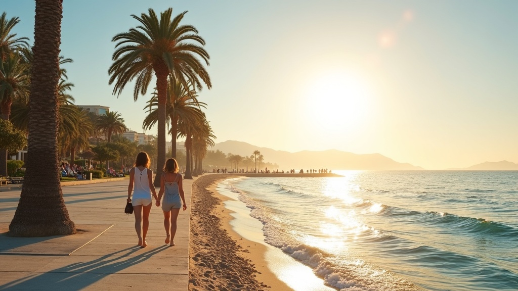 Experience the 320+ zonuren per jaar Costa del Sol, embracing the sunny coastal lifestyle on a morning beach promenade.