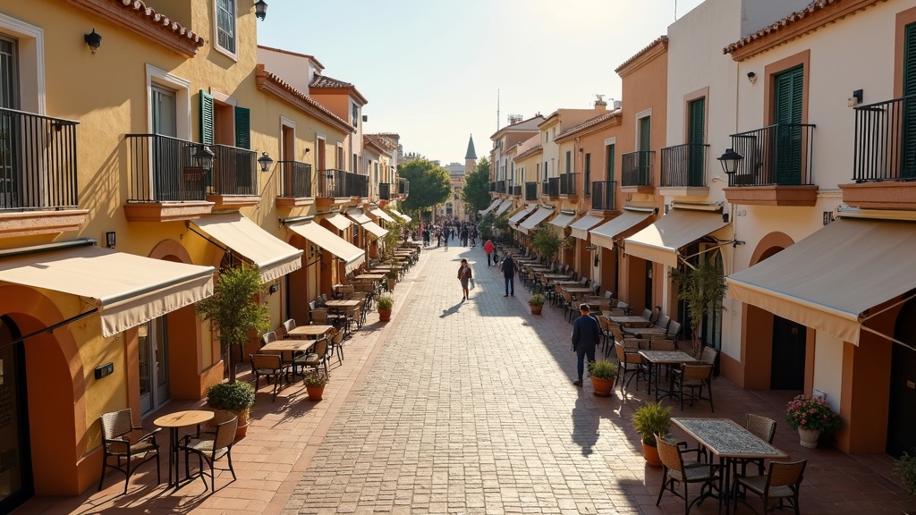 Betoverend buitenleven klimaat Costa del Sol: Spaans plein met restaurants in zacht middaglicht.