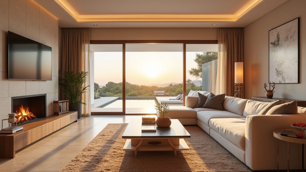 Luxe Andalusische woonkamer. Vergelijk de invloed van microklimaat berg en zee Costa del Sol op binnenruimtes.