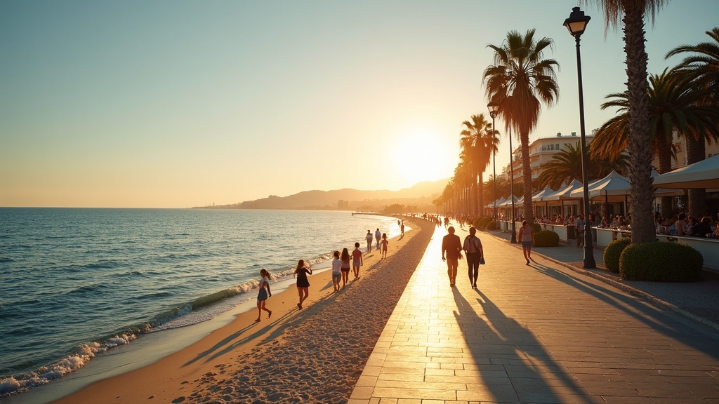 Kustnära livsstil i Costa del Sol med palmer och Medelhavet i morgonsol, visar klimatets påverkan på naturen Costa del Sol.