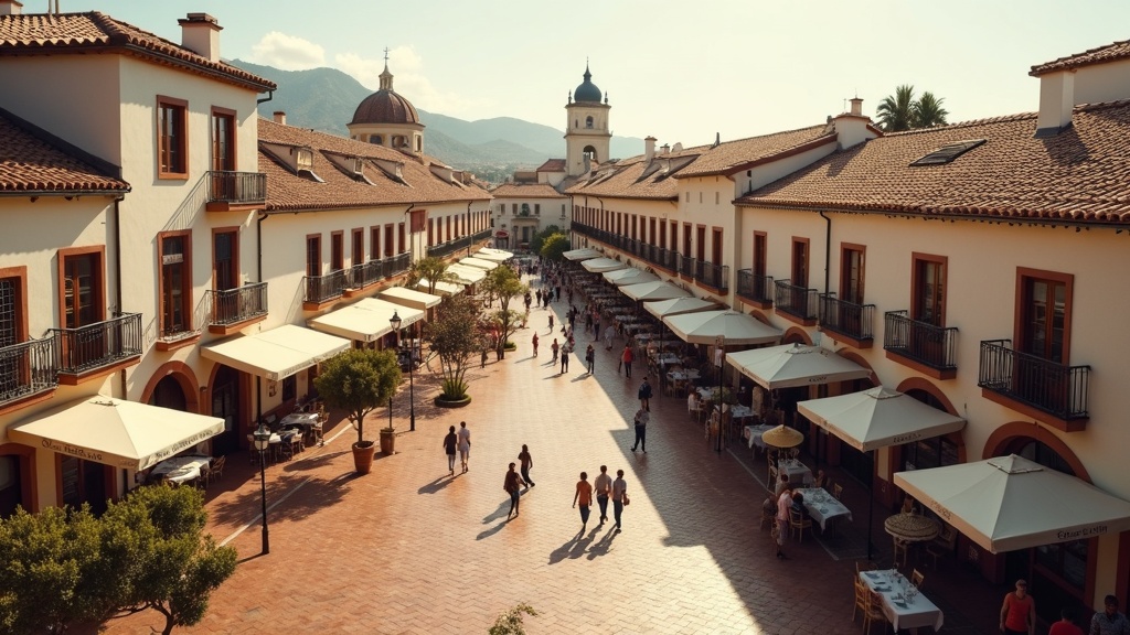 Aerial of Costa del Sol town center: charming plaza, architecture, outdoor dining. Inspiring a hållbar livsstil miljömedvetenhet Costa del Sol.
