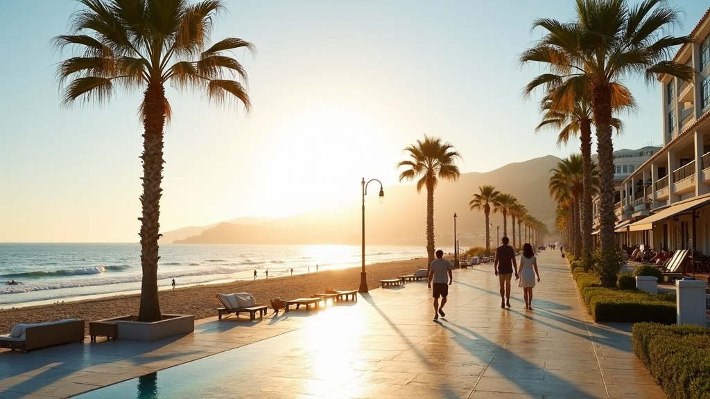 mediterrán éghajlat Costa del Sol: Életérzés a tengerparti sétányon, pálmafák és aranyszínű reggel.