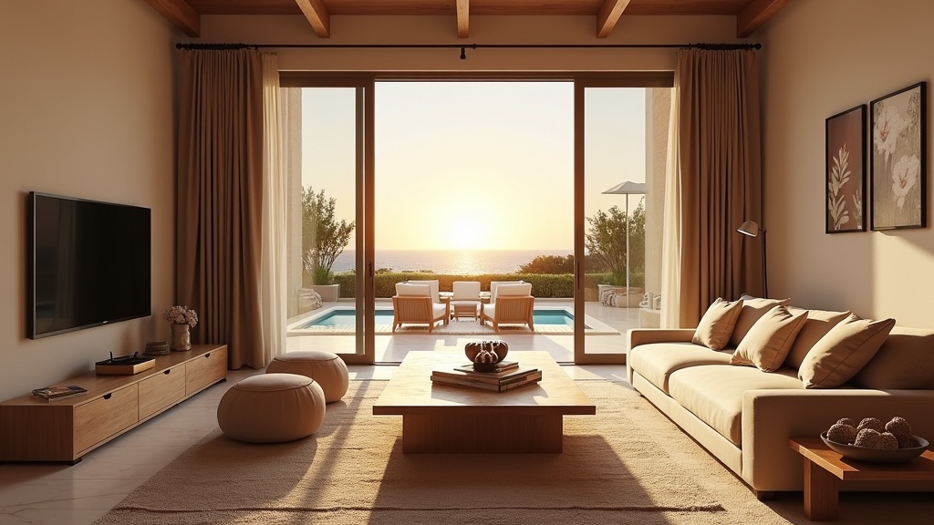 Elegáns Costa del Sol golf luxus otthon tágas nappalija teraszajtóval és napfénnyel, spanyol dizájnnal.