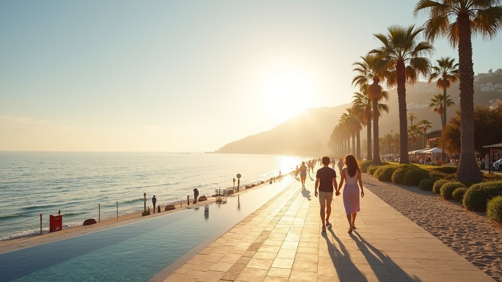 Odkryj klimat śródziemnomorski, zdrowy styl życia Hiszpania: spacer po promenadzie w Costa del Sol o wschodzie słońca.