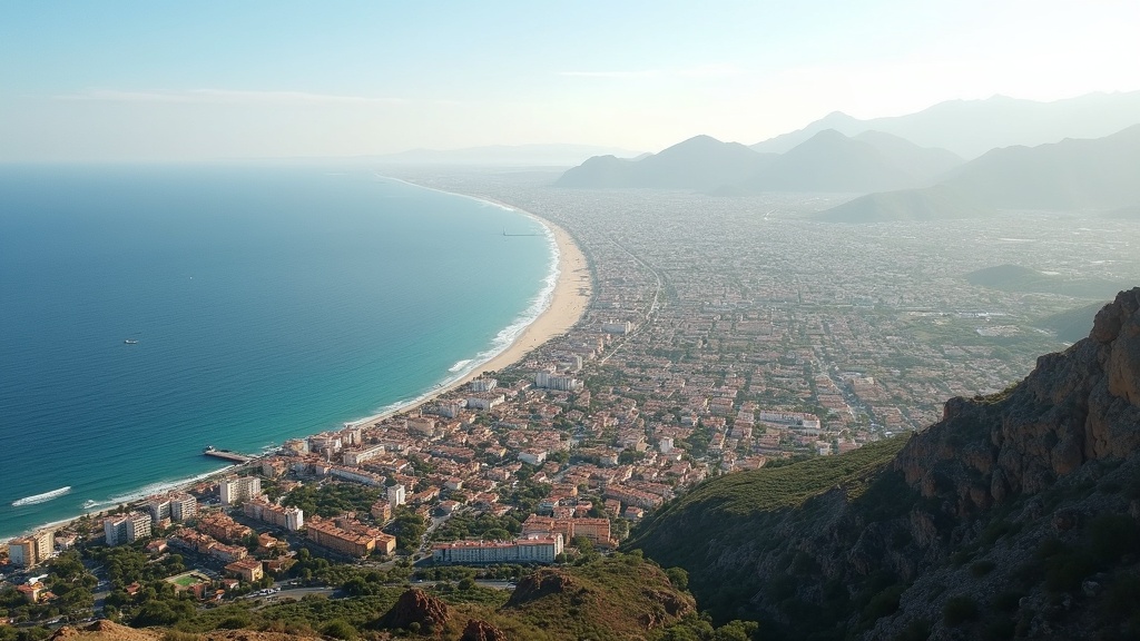 Solsäkra månader Costa del Sol: Panoramavy över kustlinjen, berg & stad i mjukt ljus – perfekt för utomhusliv, sol, hav och frisk luft.