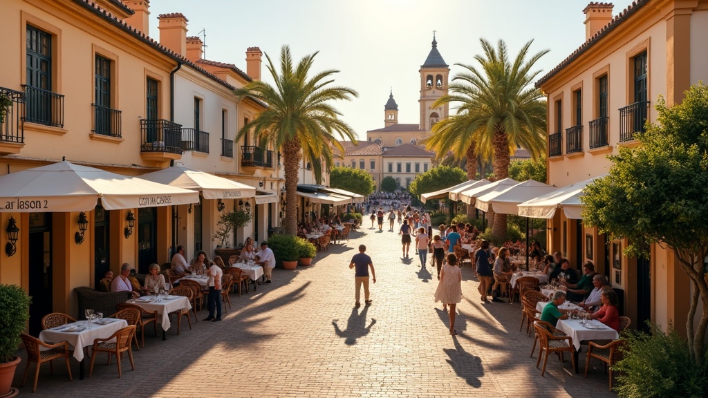 Charming Spanish plaza in Costa del Sol, embodying the framtidssäker bostad Costa del Sol lifestyle, bathed in soft afternoon light.