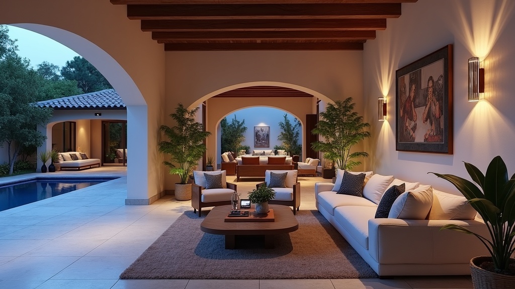 Elegant livingrum med moderna bekvämligheter i nyproduktion Costa del Sol, terrass och spansk design.