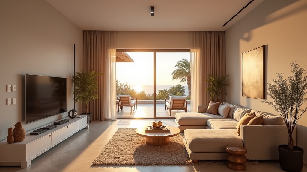 Andalusian luxury property living room; modern design, sunset light, terrace view. Explore lyxiga bostadsområden Costa del Sol skattefördelar.
