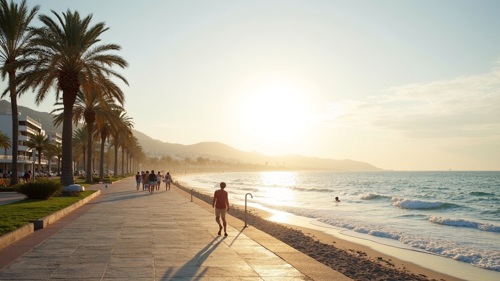 Genieße das mediterrane Klima für deine Gesundheit an der Costa del Sol: Strandpromenade mit Palmen, Meer bei Morgenlicht.
