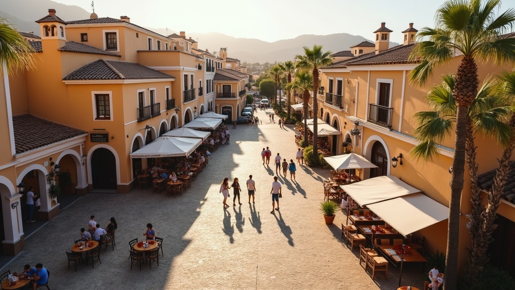Charming Costa del Sol town square, inspiring life in naturgebiete Costa del Sol, with traditional Spanish architecture & dining.